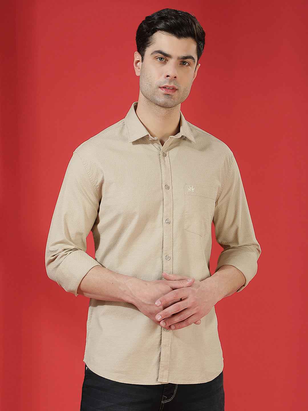 Beige Textured Minimalist Shirt