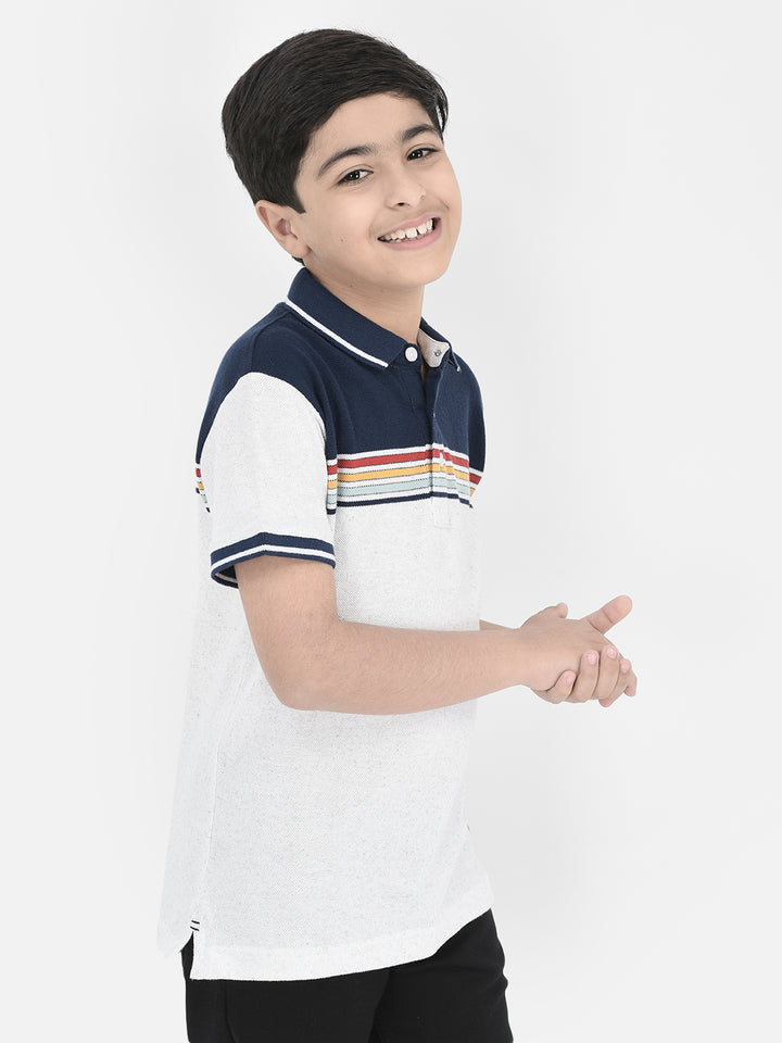 Grey Horizontal Stripes Polo Neck T-Shirt