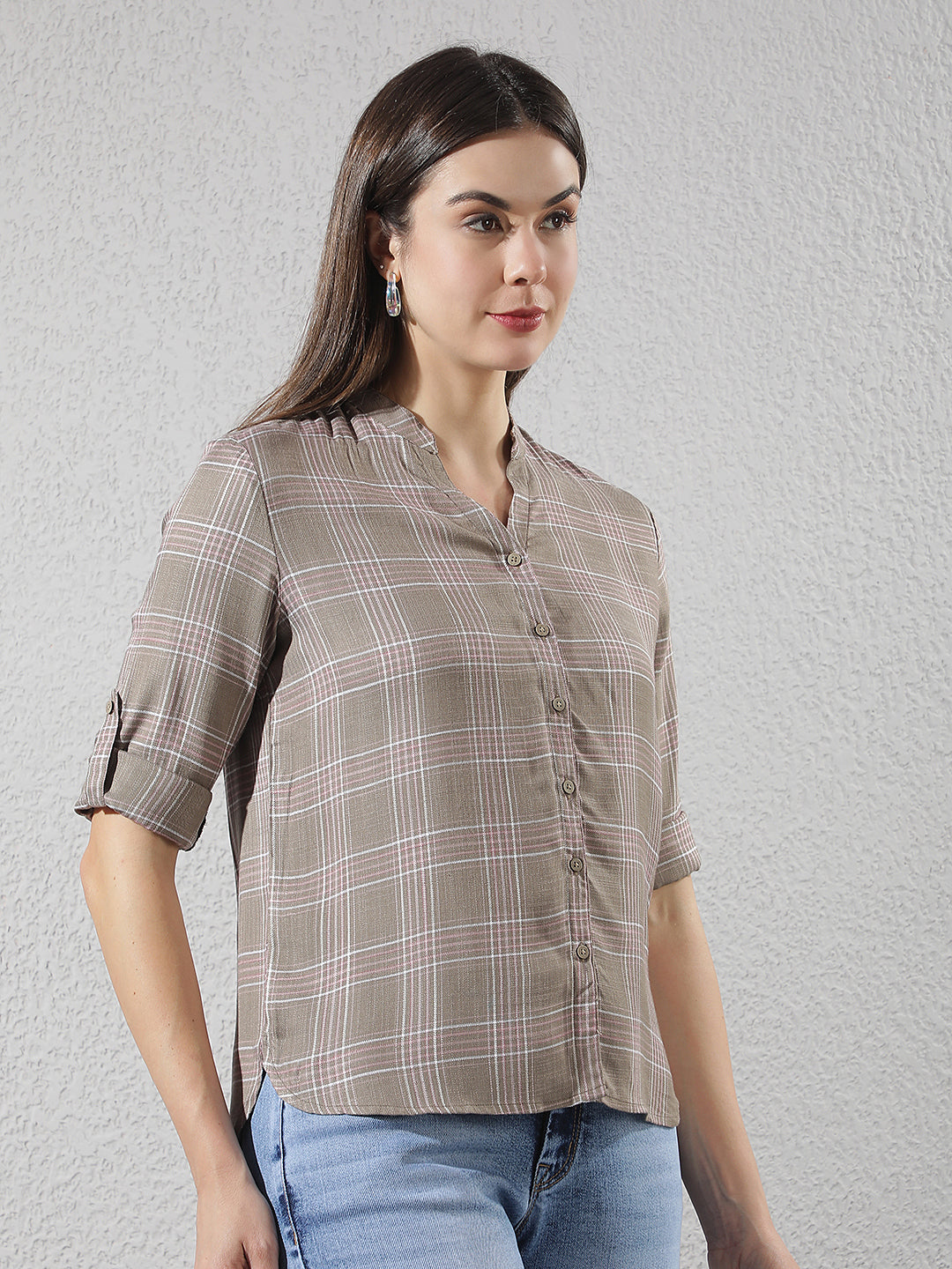 Brown Checked V-Neck Shirt