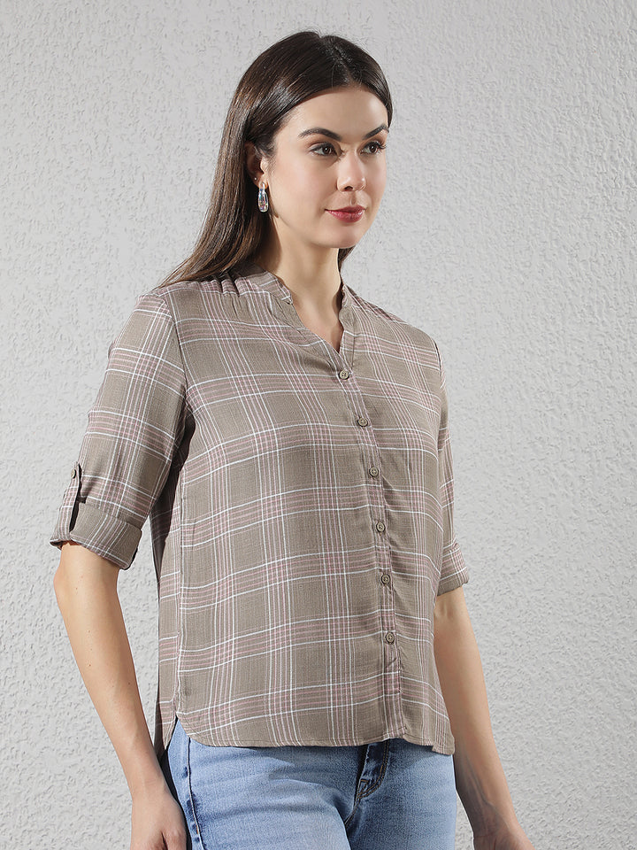 Brown Checked V-Neck Shirt