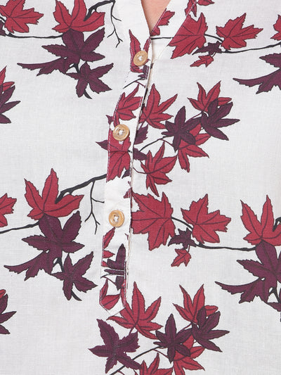 White Floral Print V-Neck Linen Top