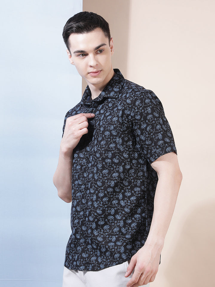 Navy Blue Floral Print Shirt