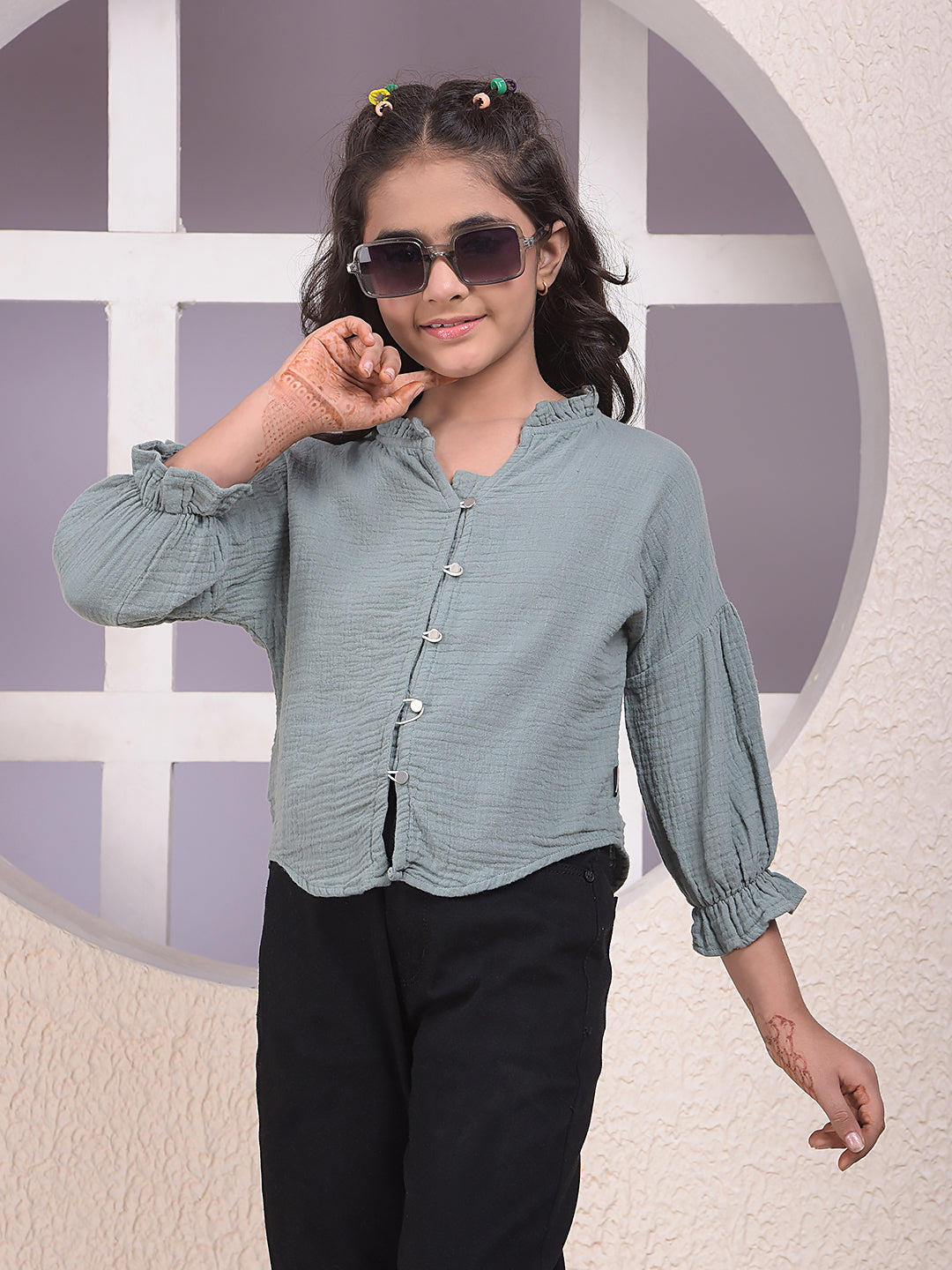Green Textured V-Neck Top