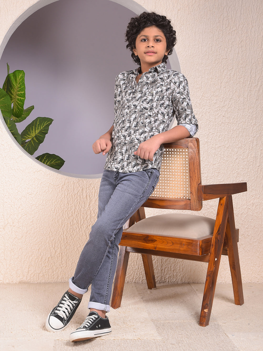 Soft-Hue Grey Floral Print Shirt