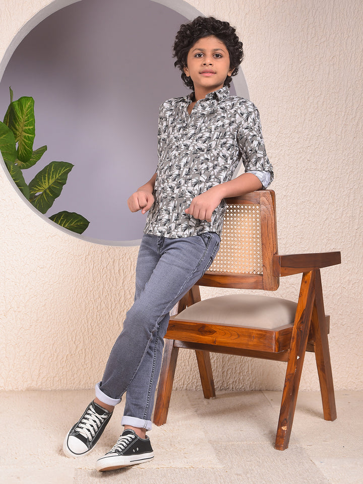 Soft-Hue Grey Floral Print Shirt