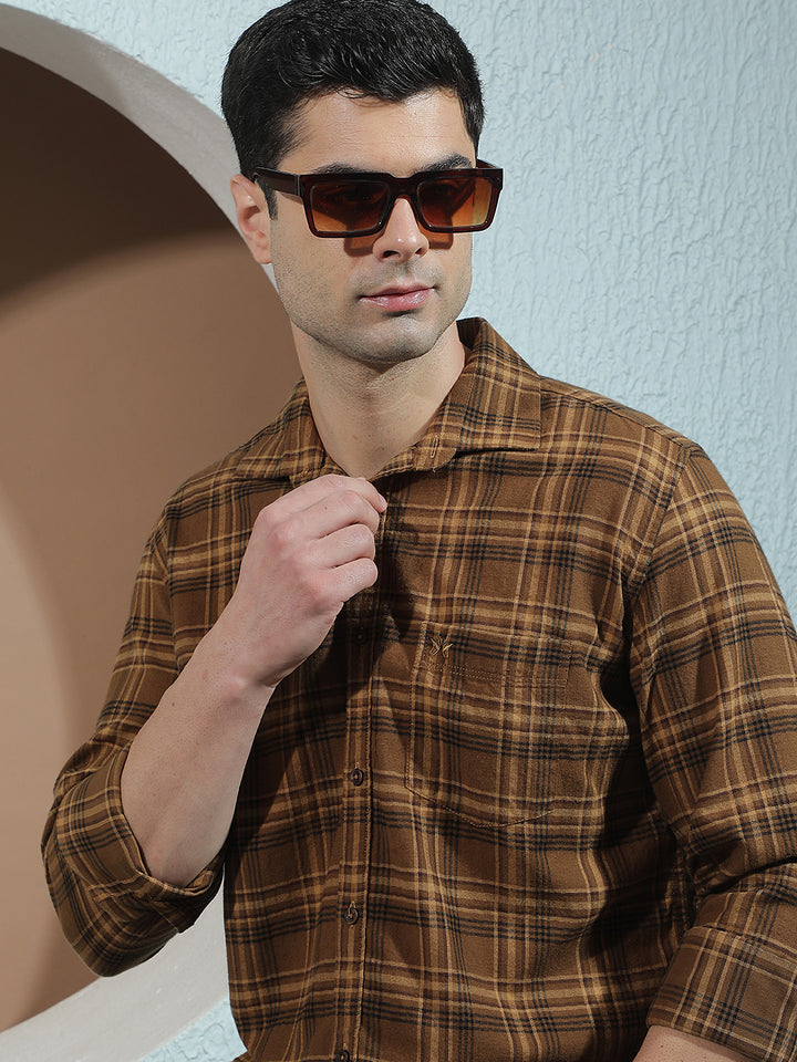 Brown Checked 100% Cotton Shirt