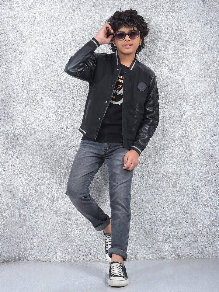Black Typographic Print Varsity Jacket