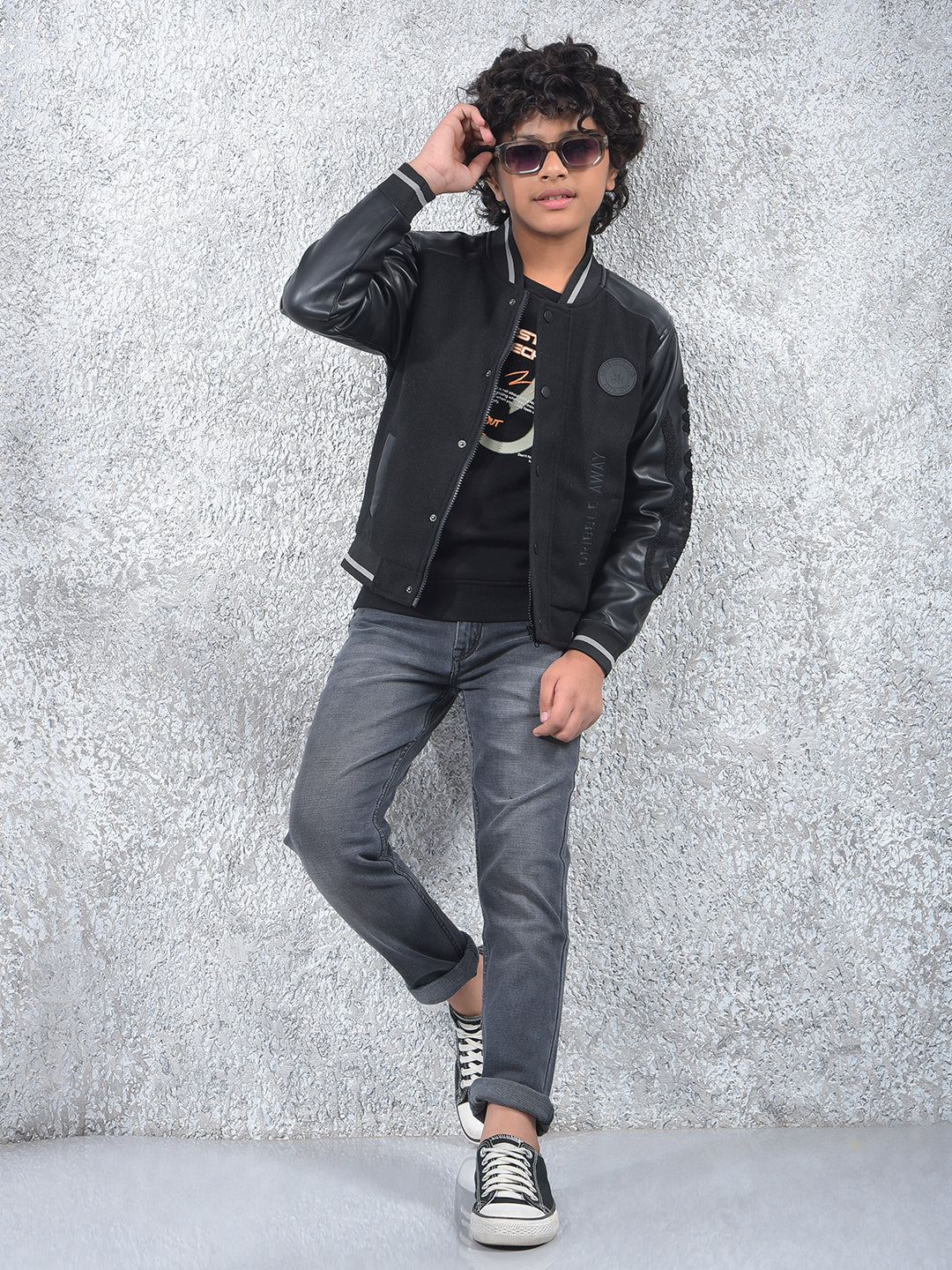 Black Typographic Print Varsity Jacket