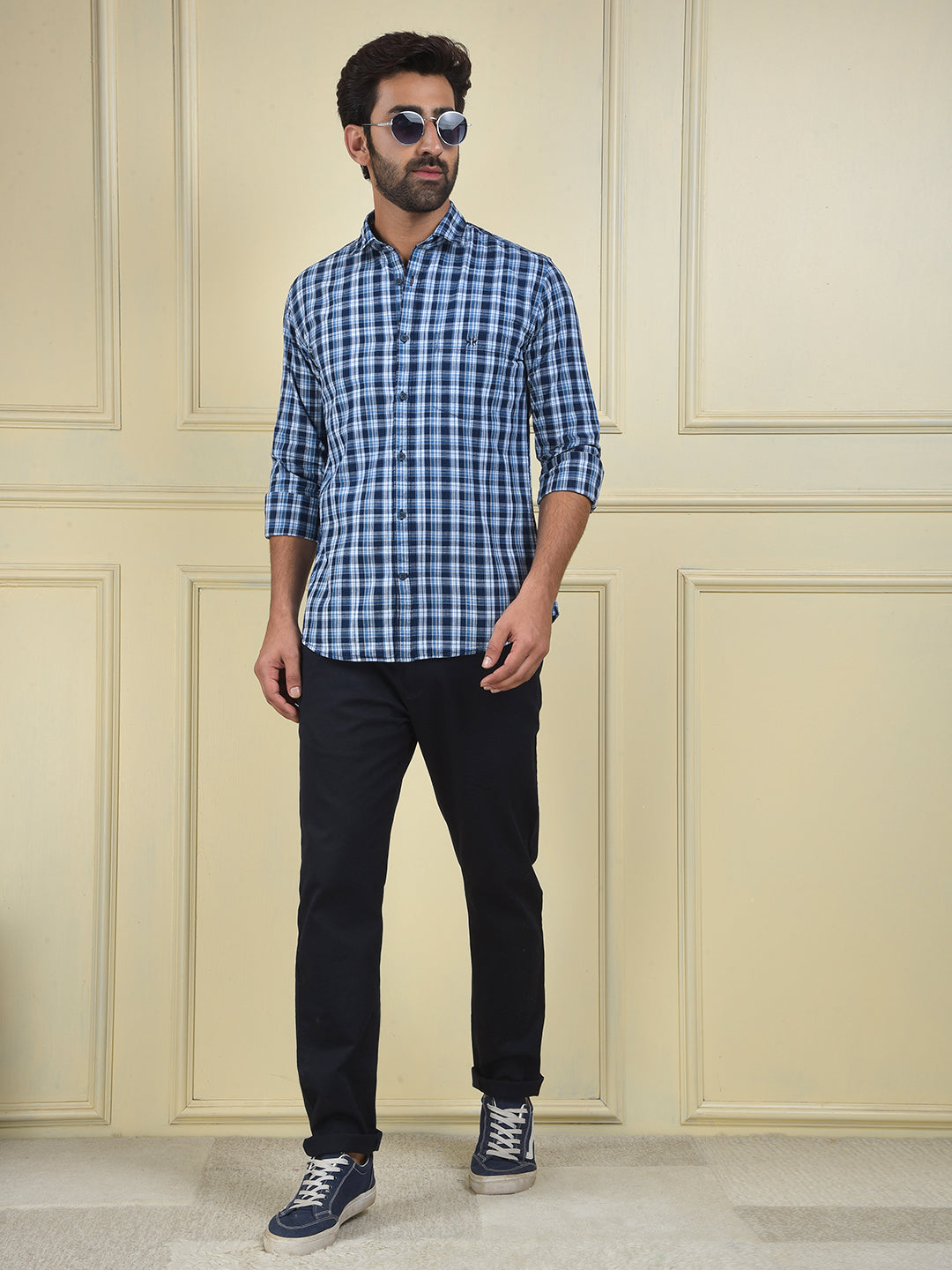 Navy Blue Checked 100% Cotton Shirt