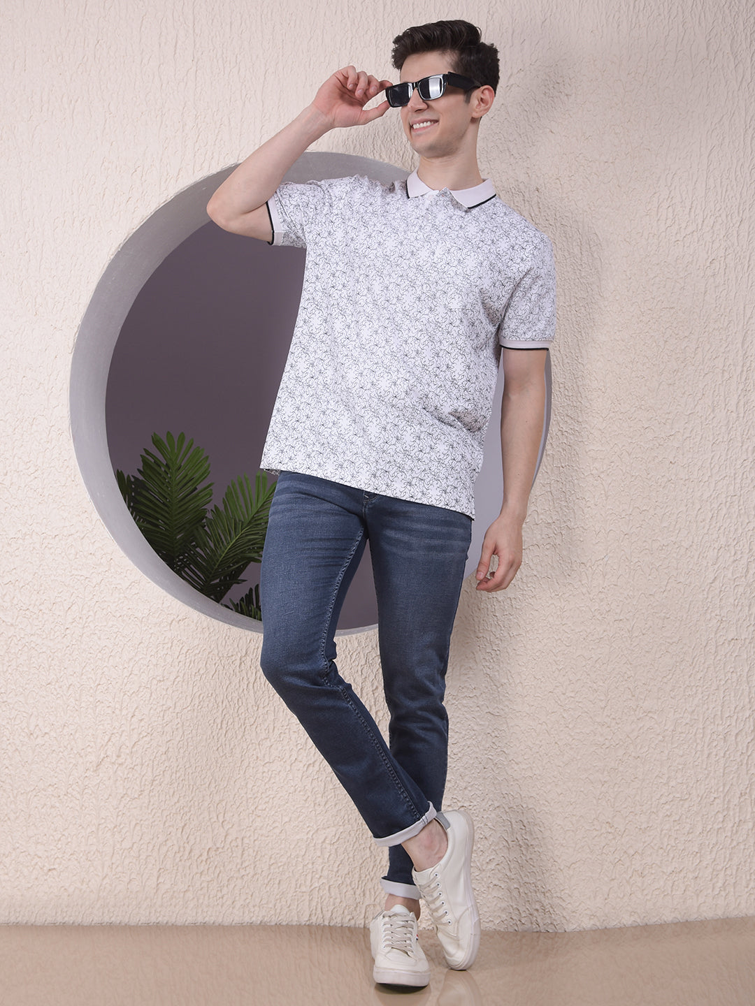 White Printed Polo-Neck T-Shirt