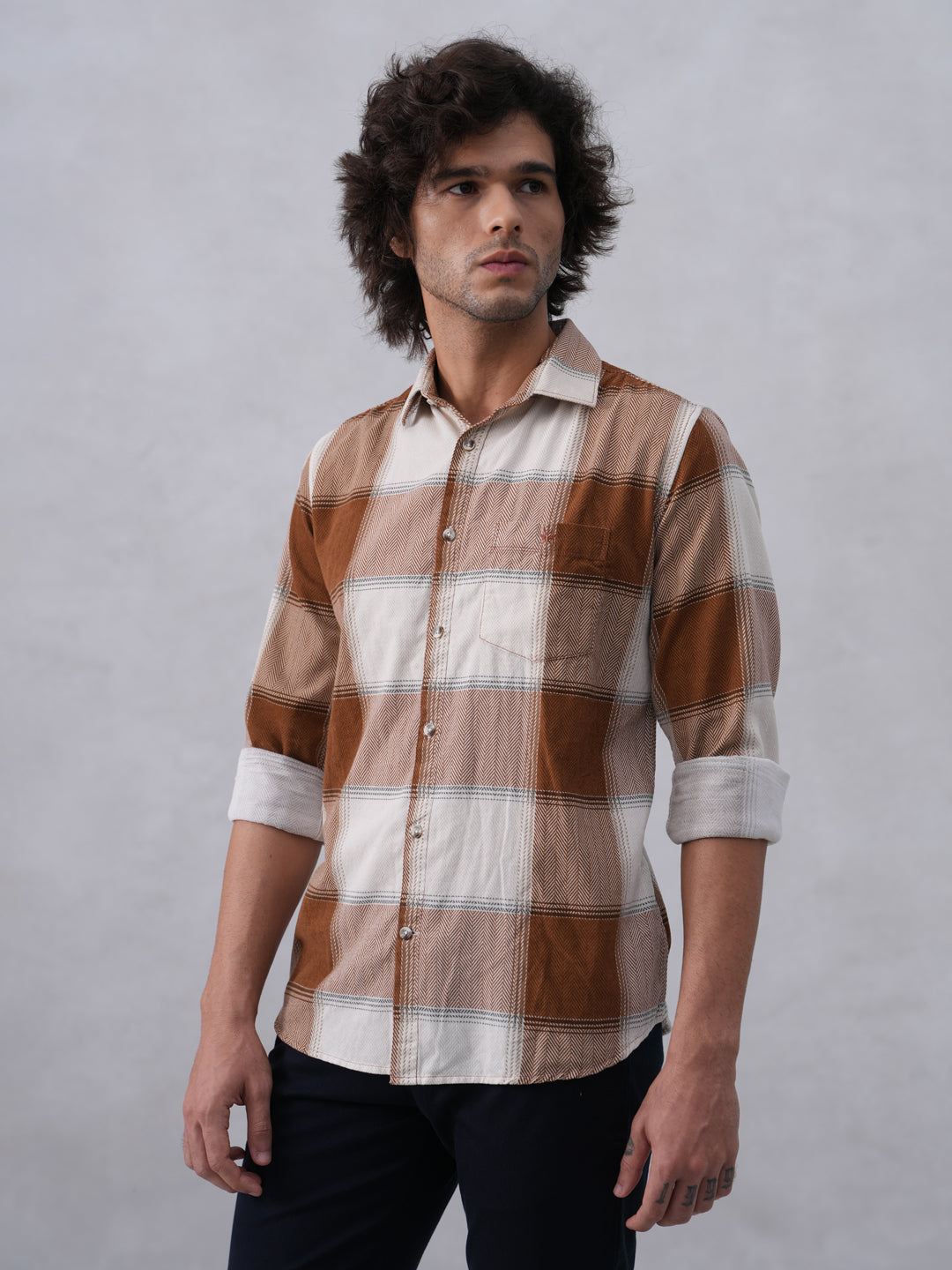 Brown Checked 100% Cotton Corduroy Shirt