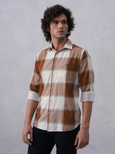 Brown Checked 100% Cotton Corduroy Shirt