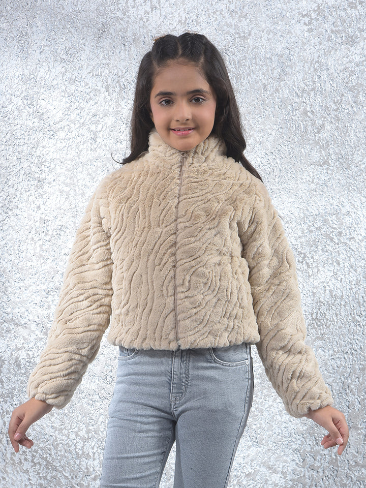 Beige High Neck Sherpa Jacket