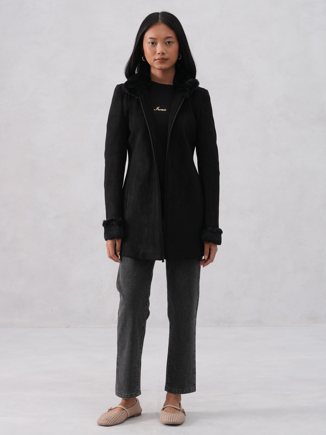 Faux Fur Trim Black Coat