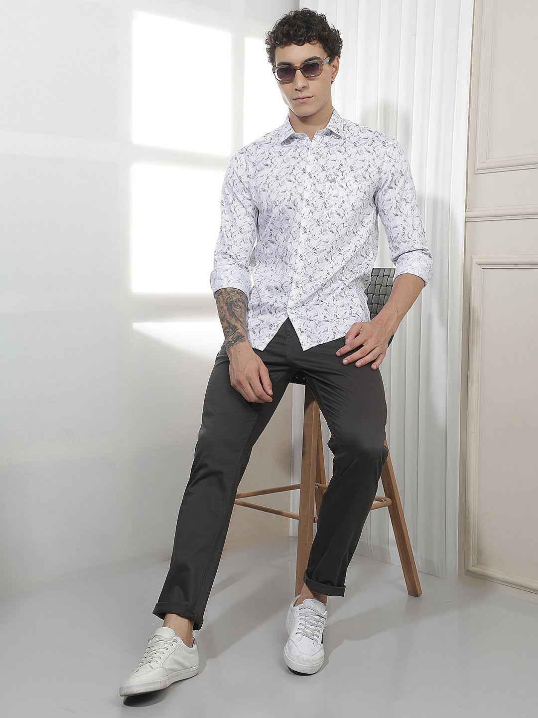 White Abstract Print 100% Cotton Shirt