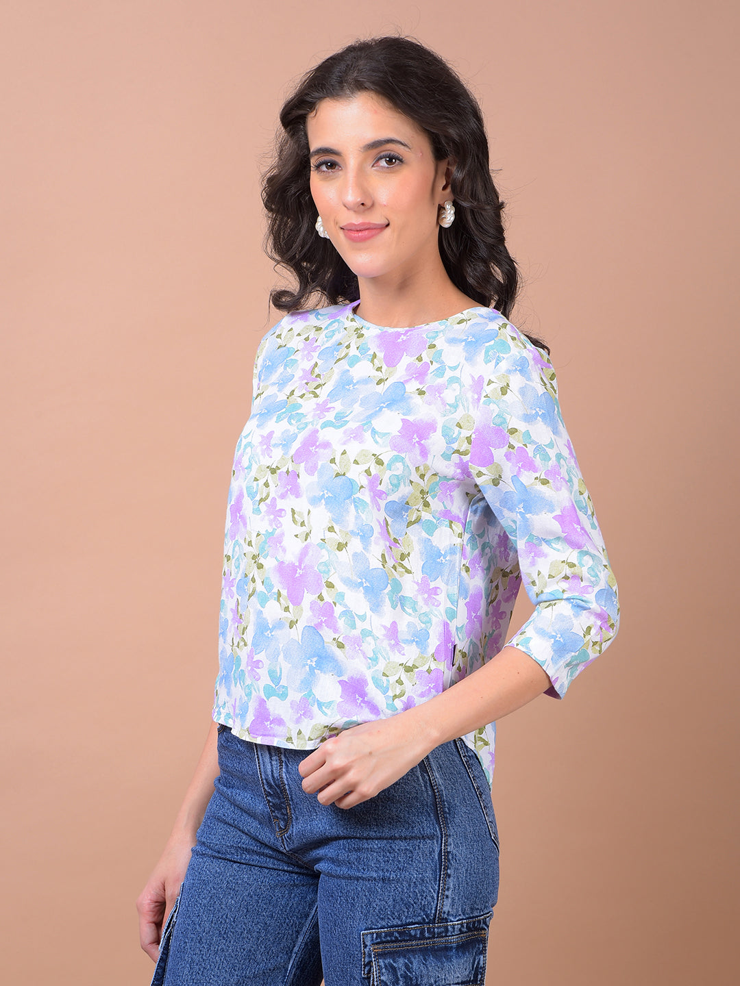 Multi-Color Floral Print Linen Top