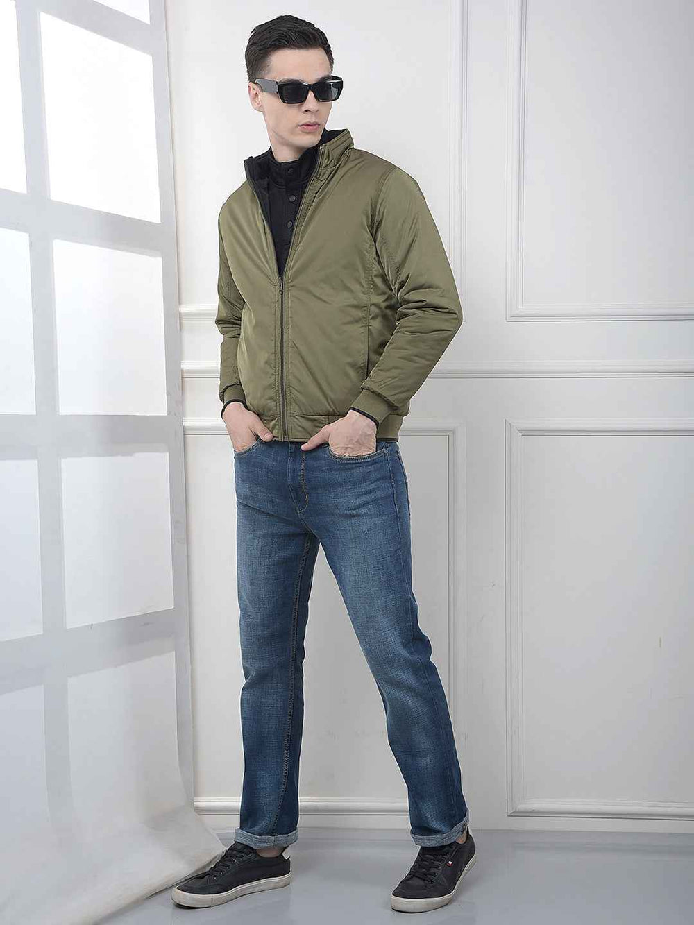 Olive High Neck Reversible Bomber Jacket