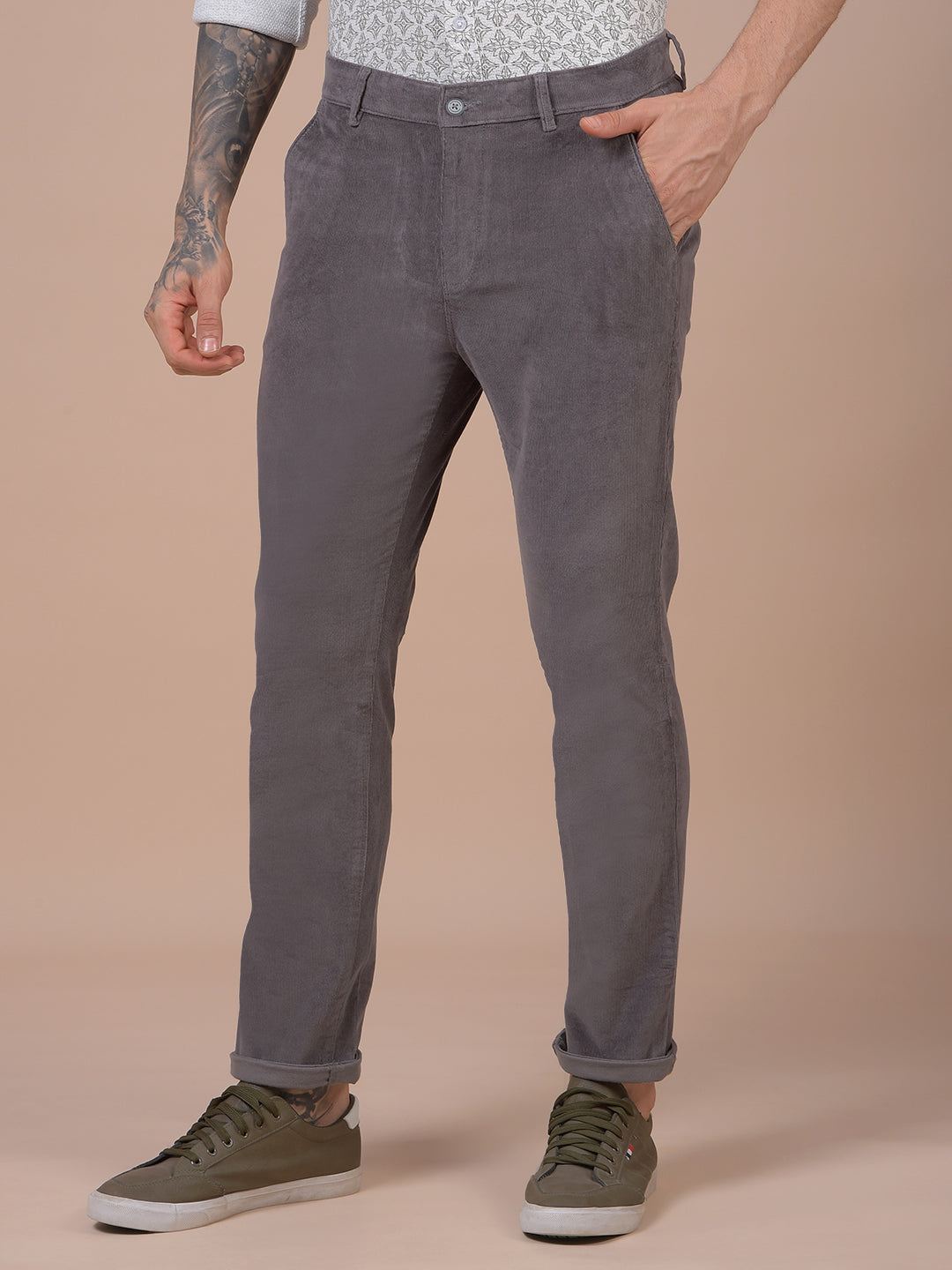 Grey Printed Corduroy Trousers