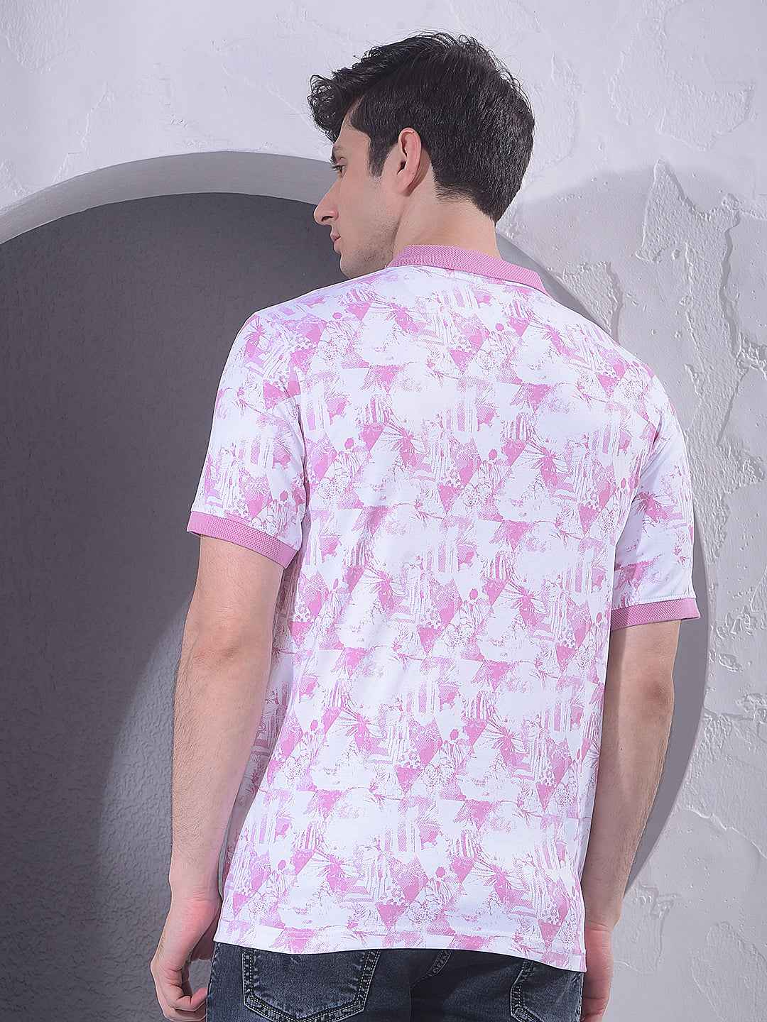 Pink Printed Polo Neck 100% Cotton T-Shirt
