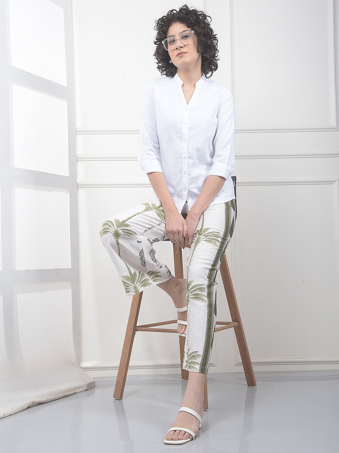 Green Floral Print Wide Leg Casual Trousers