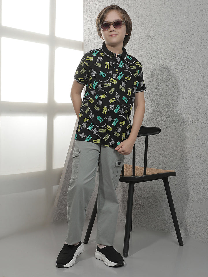 Black Abstract Print Polo T-Shirt