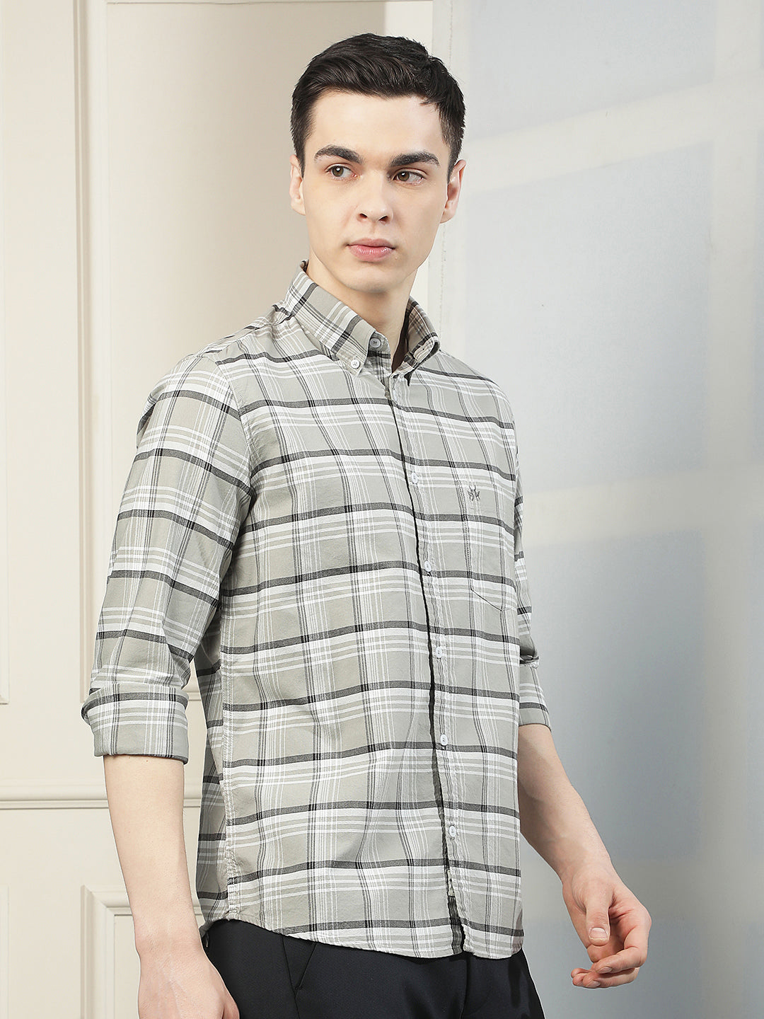 Grey Checked Button-Down Collar 100% Cotton Shirt