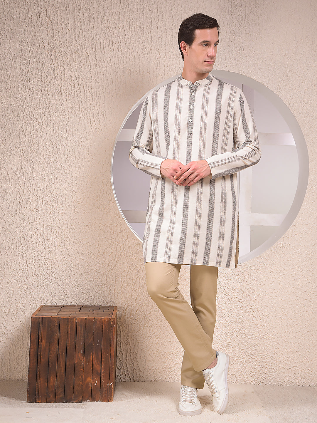 Beige Vertical Stripes Linen Straight Kurta