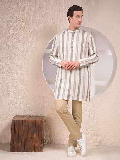 Beige Vertical Stripes Linen Straight Kurta