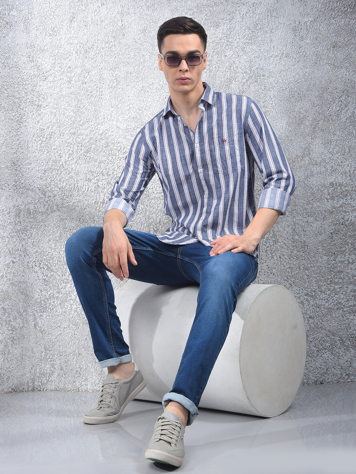 Blue Vertical Stripes 100% Cotton Shirt-Men Shirts-Crimsoune Club