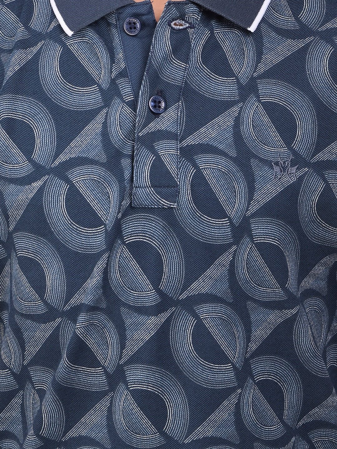 Navy Blue Printed Polo Neck T-Shirt