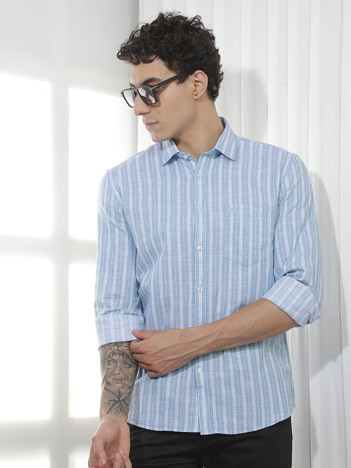 Blue Vertical Striped 100% Cotton Shirt