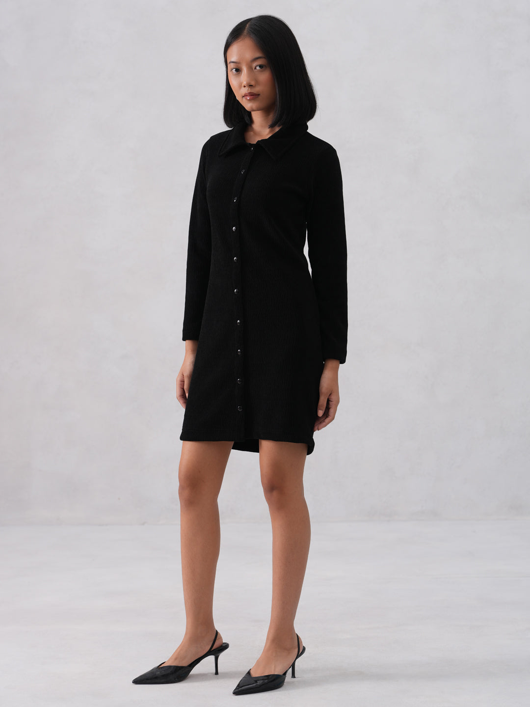 Black Textured Mini Shirt Dress