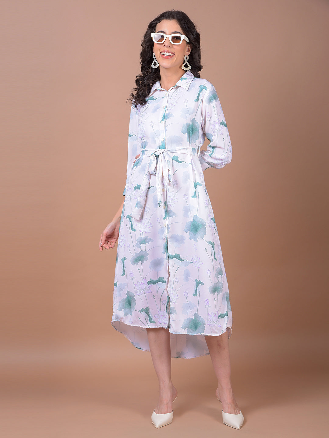 Green Floral Print Belted Shirt Dress