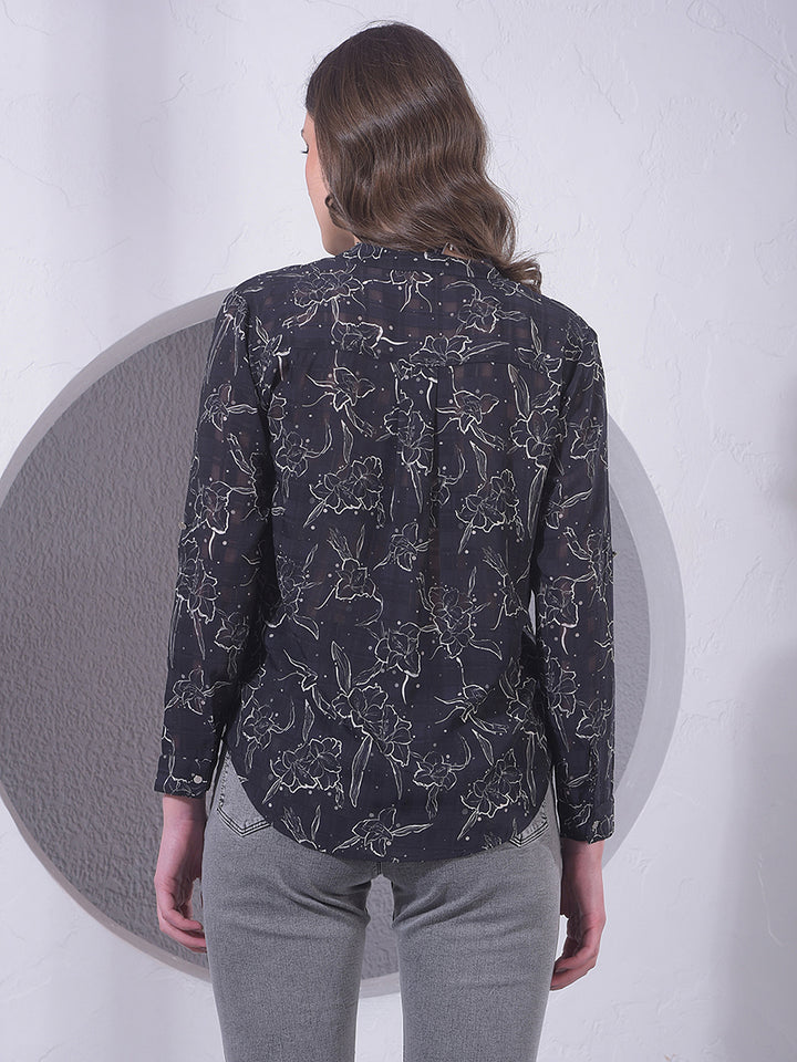 Black Floral Print V-Neck Shirt
