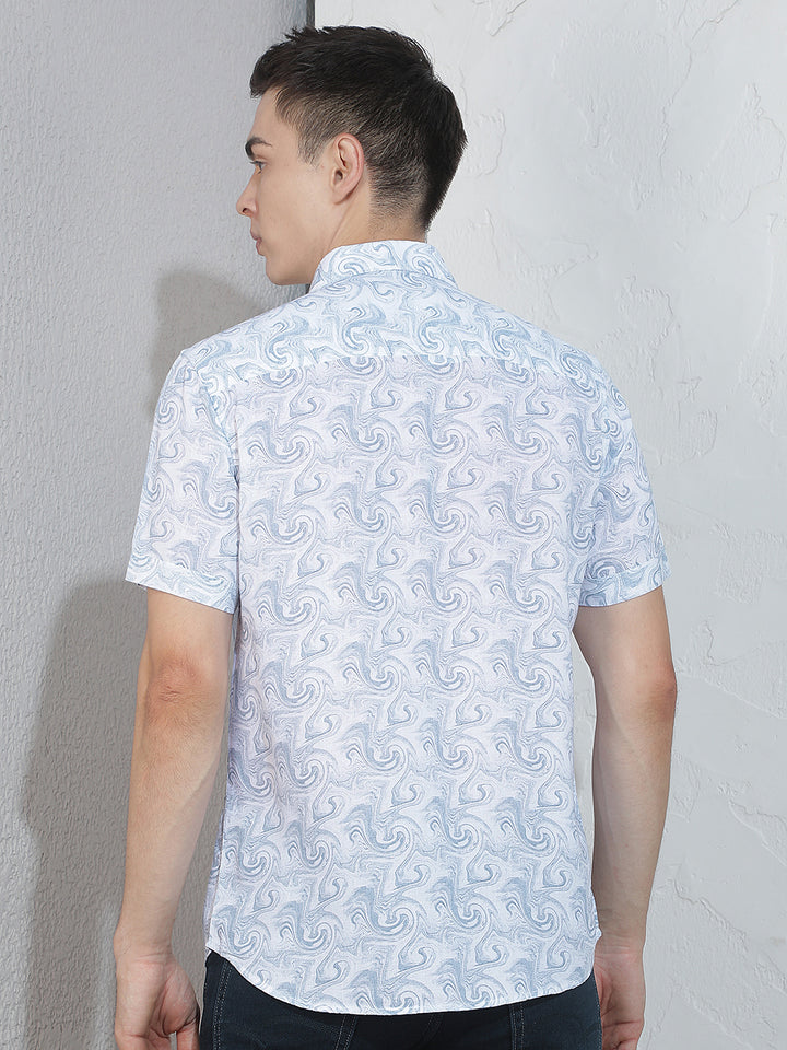 Blue Abstract Print Linen Shirt