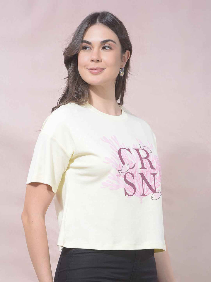 Yellow Typographic Print Cropped T-Shirt