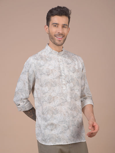 Grey Floral Print Linen Kurta