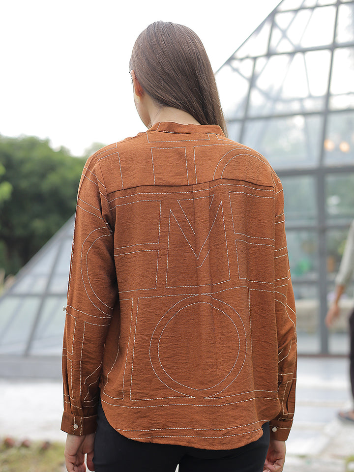 Brown Graphic Print V-Neck Shirt
