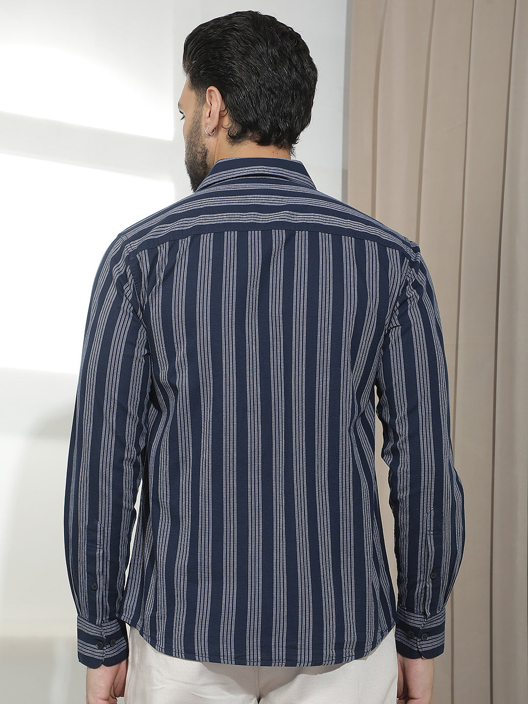 Navy Blue 100% Cotton Verical Stripes Shirt