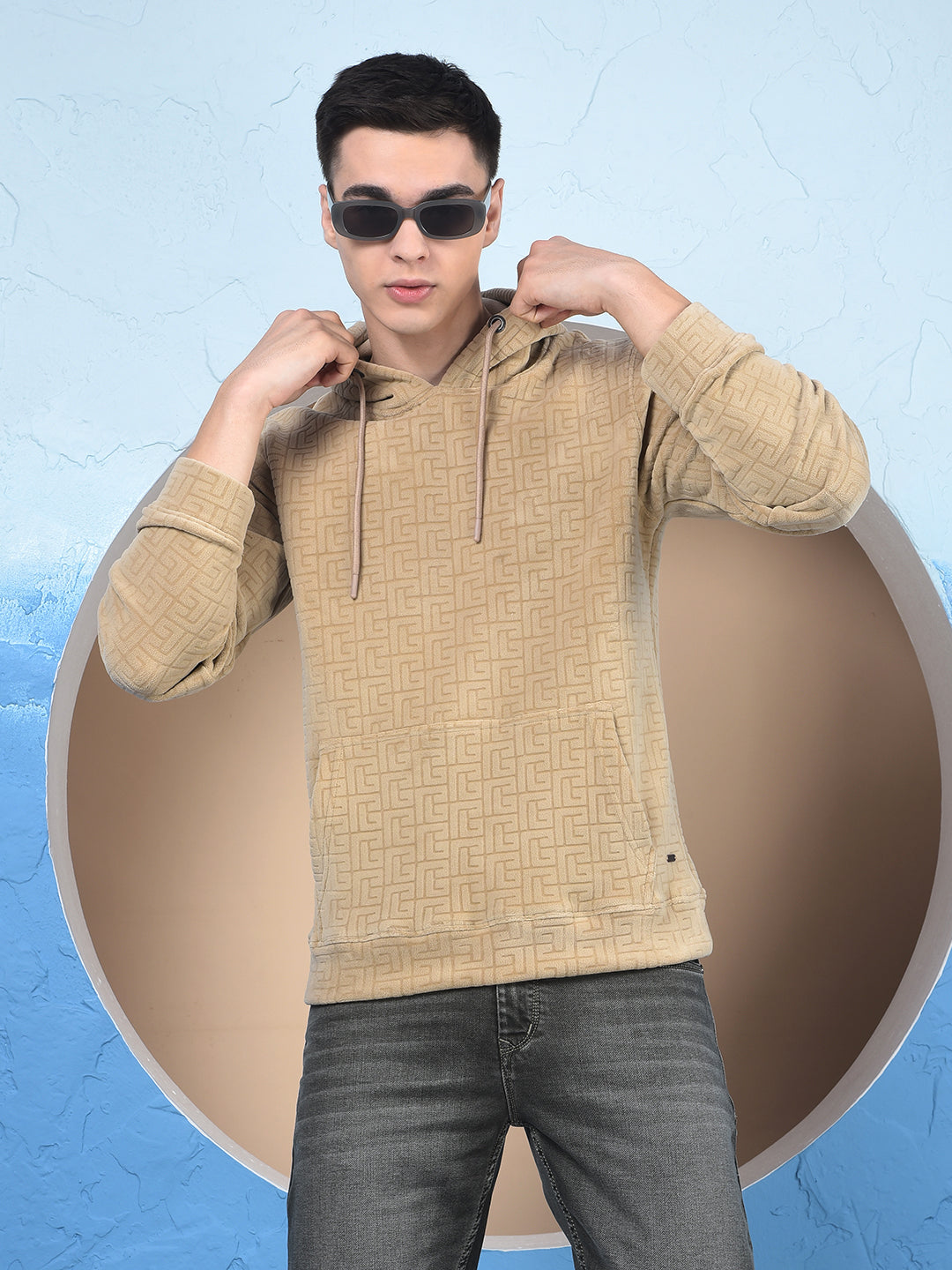 Beige Jacquard Hooded Neck Sweatshirt