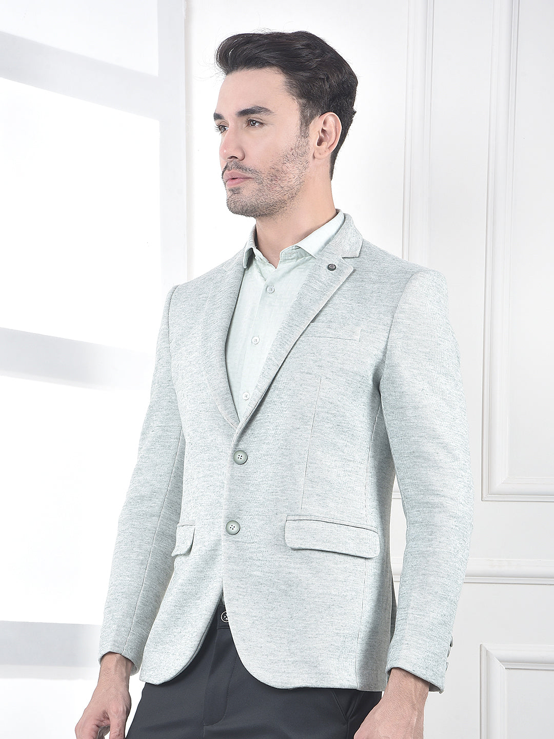 Green Notched Lapel Single-Breasted Blazer