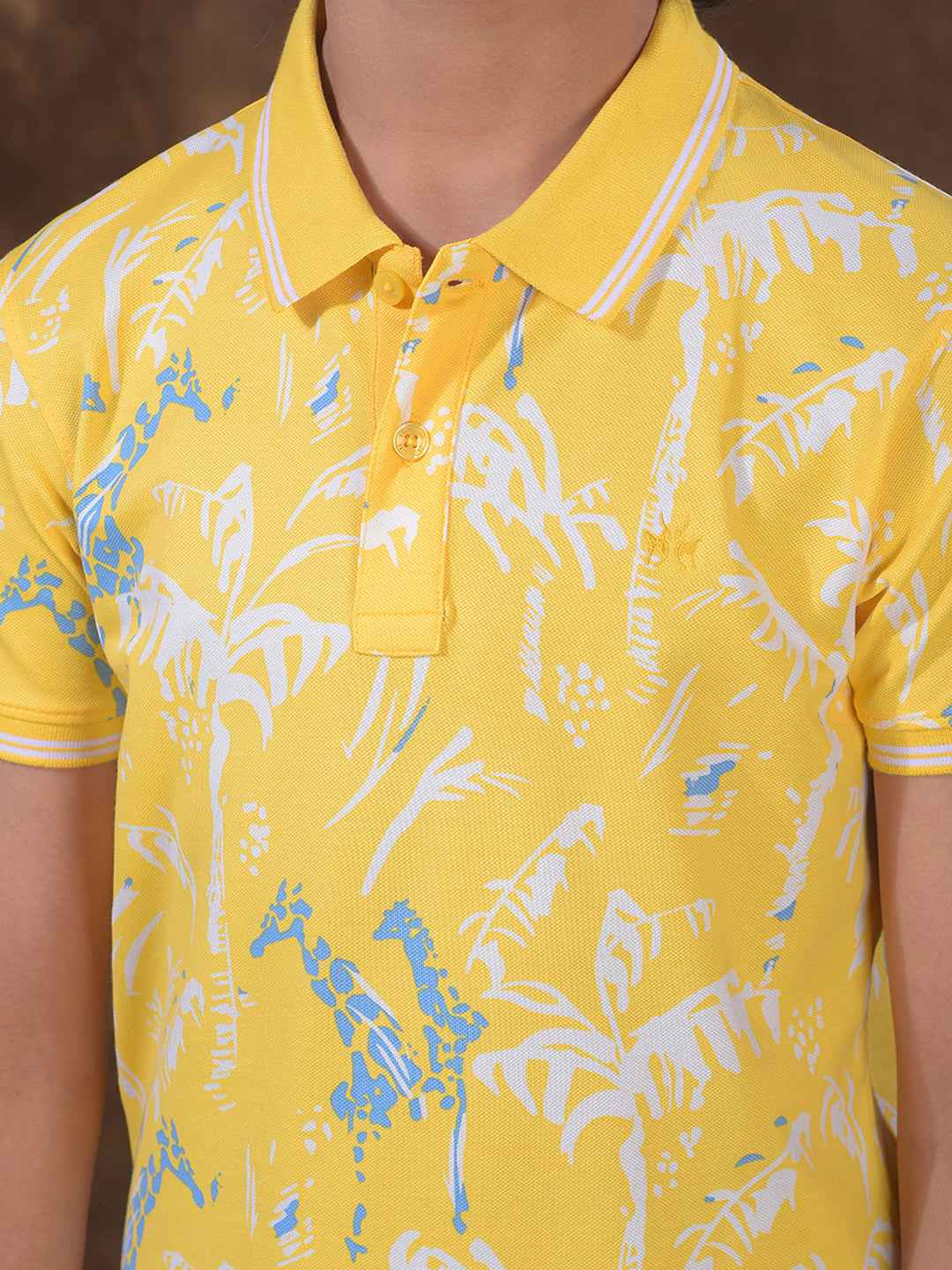 Yellow Floral Print Polo Neck T-Shirt