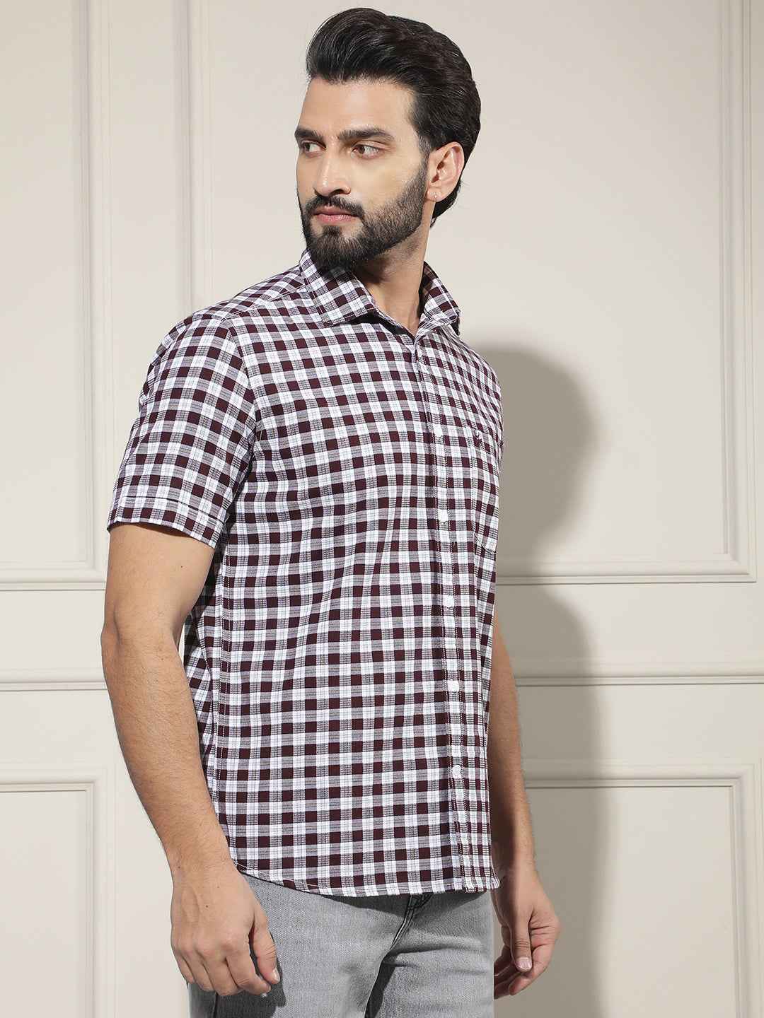 Wine Checked 100% Cotton Shirt