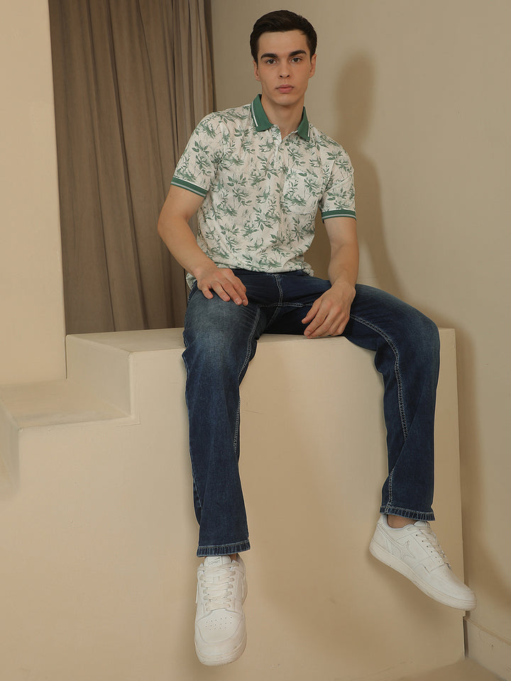 Green Floral Print Polo Neck T-Shirt