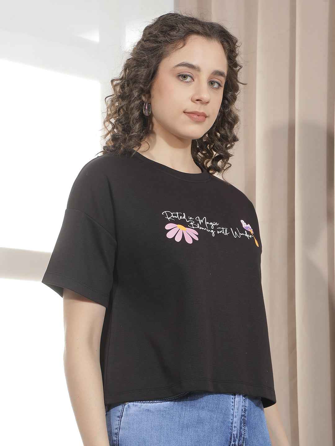Black Typographic Printed Crop Oversize T-Shirt