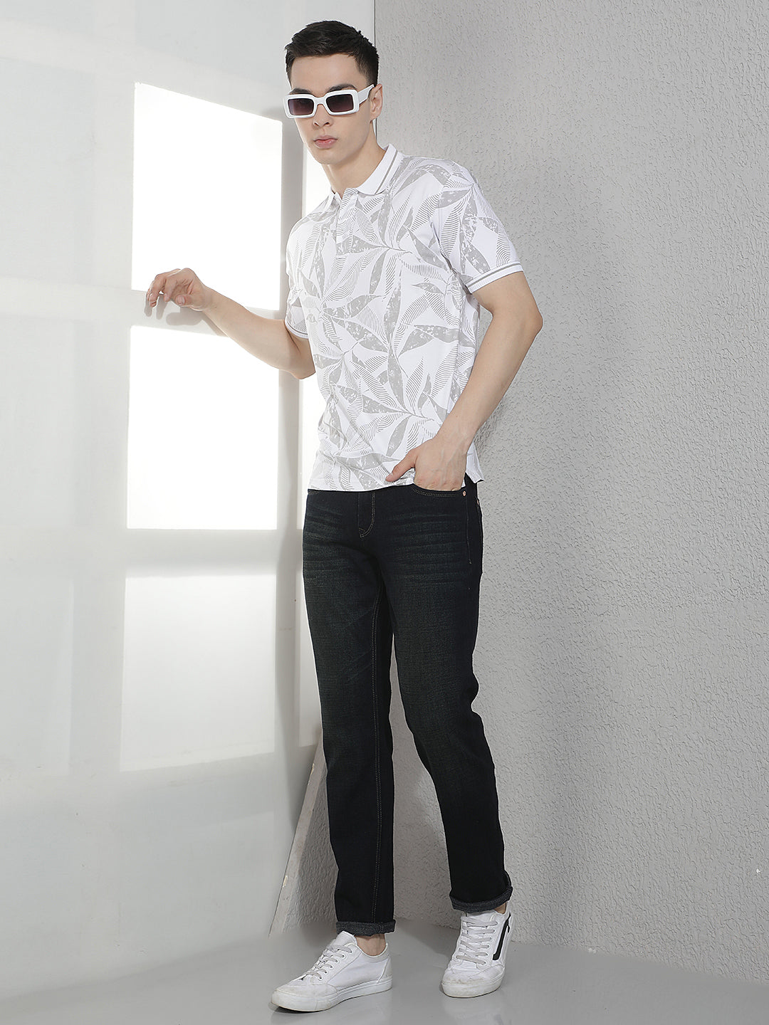 White Floral Print Polo Neck T-Shirt