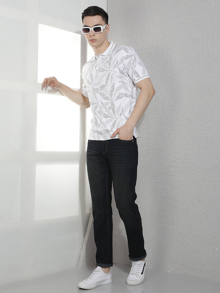 White Floral Print Polo Neck T-Shirt