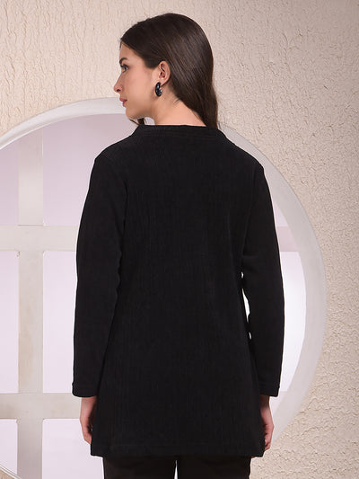 Black Printed V-Neck Open Front Shrug