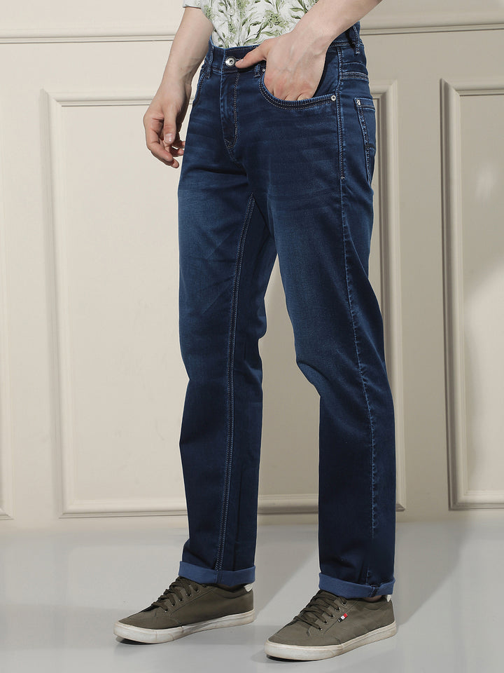 Navy Blue Cotton Straight Jeans