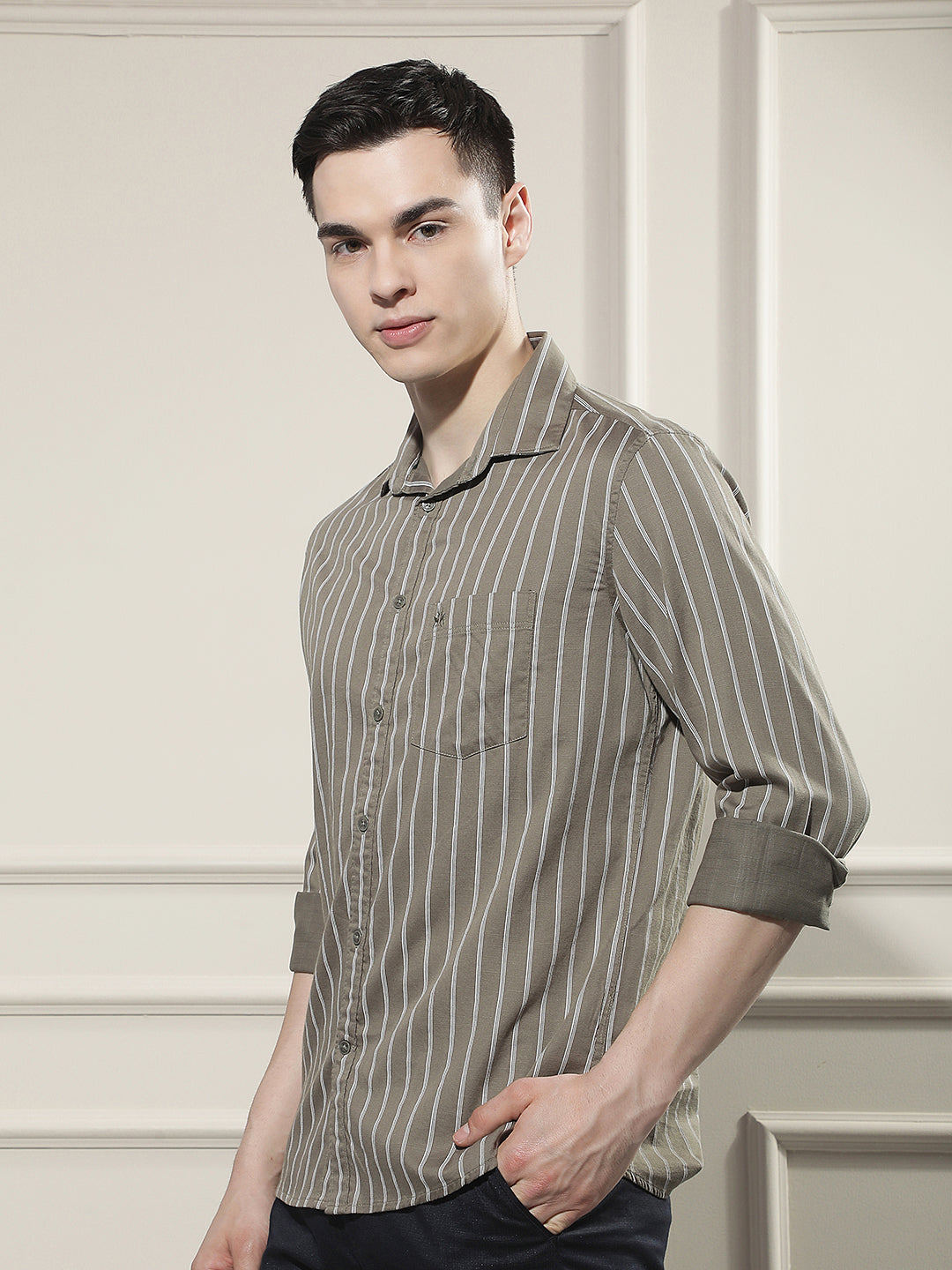 Olive Vertical Stripes Shirt